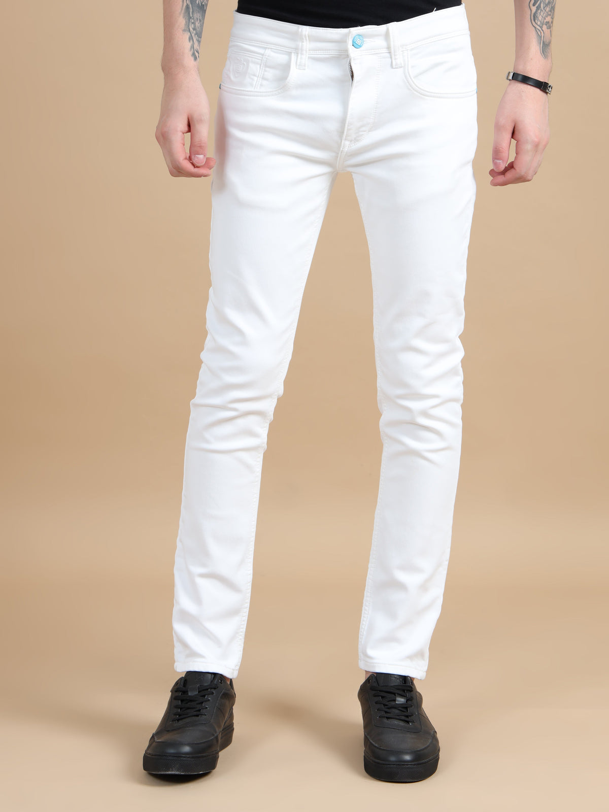 Men White Solid Ankle Fit Stretchable Denim Jeans