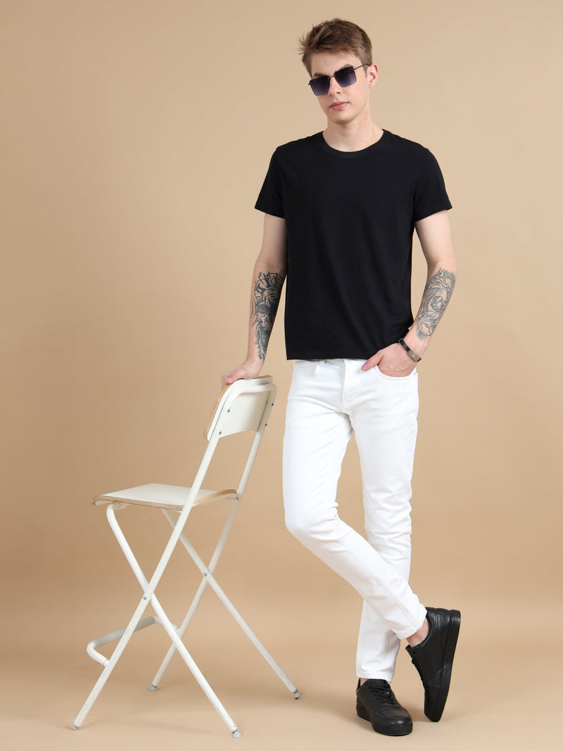 Men White Solid Ankle Fit Stretchable Denim Jeans