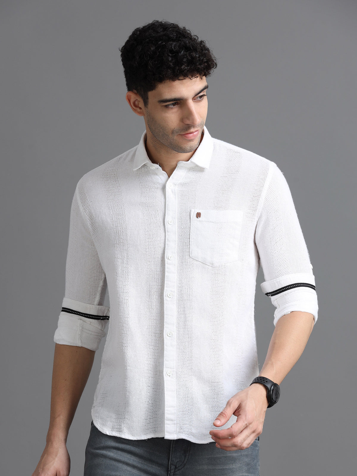 Men White Slim Fit Textured Full Sleeve Casual Shirt