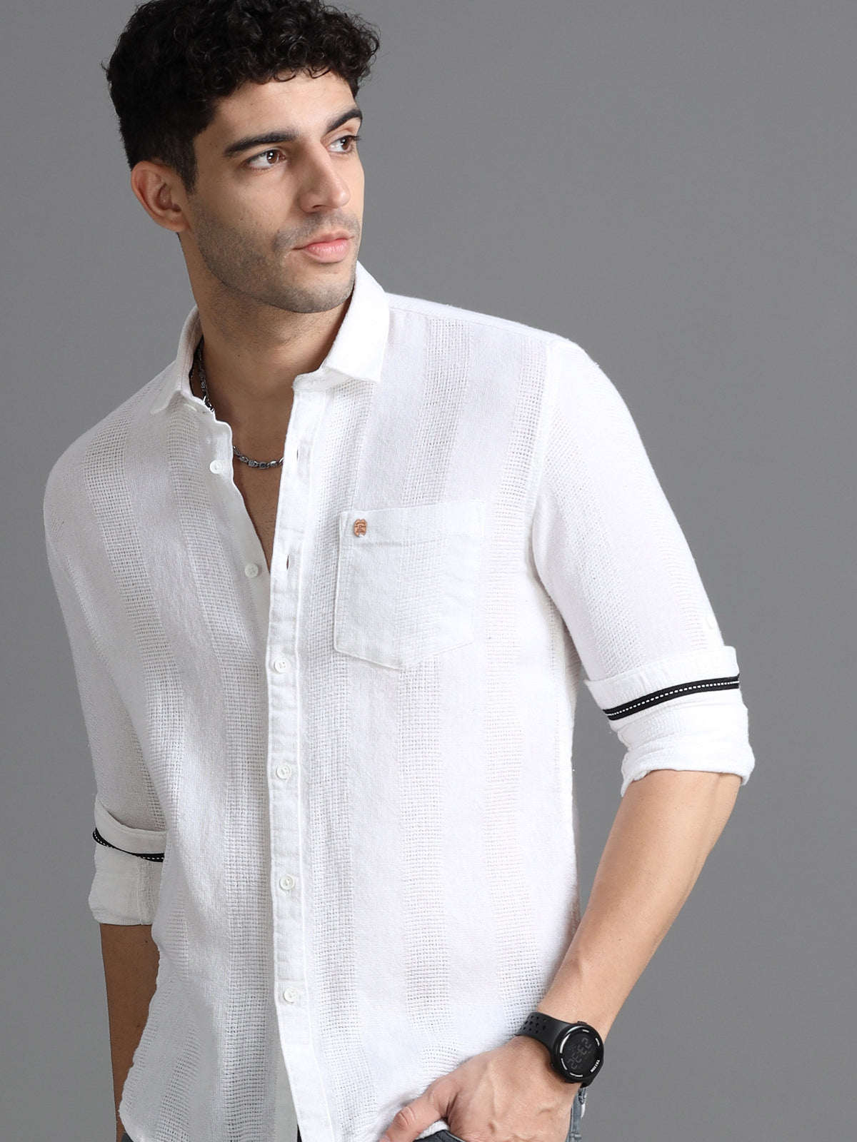 Men White Slim Fit Textured Full Sleeve Casual Shirt