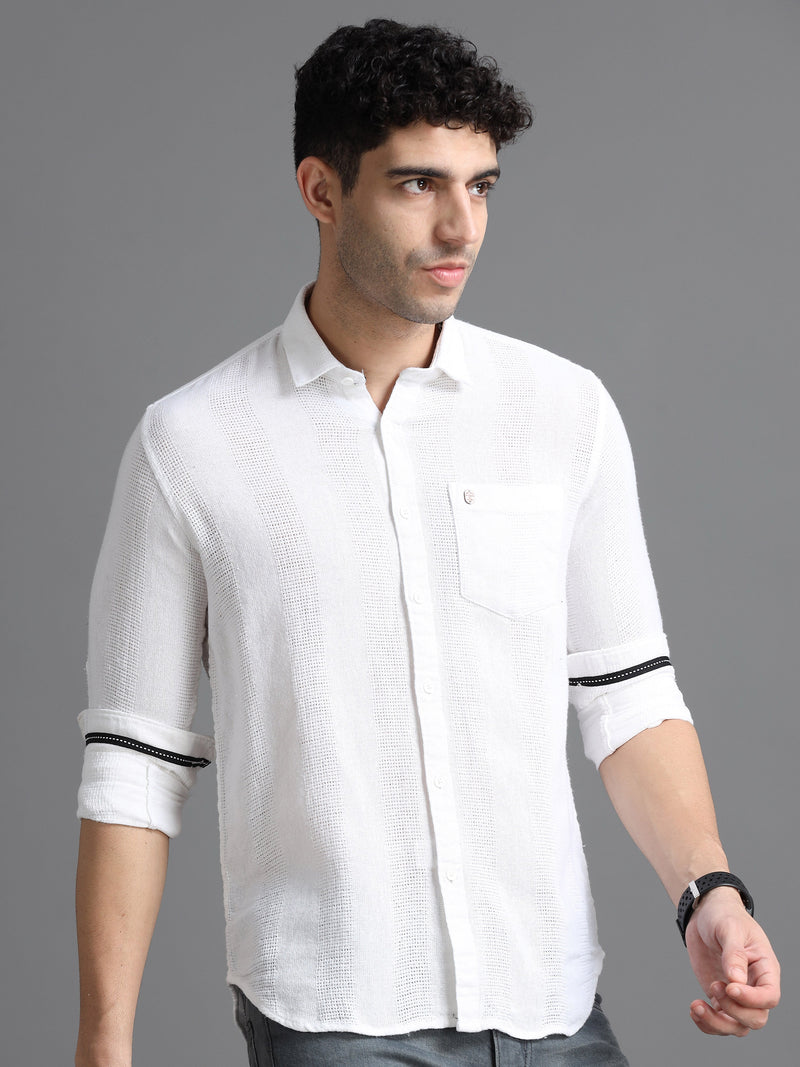 Men White Slim Fit Textured Full Sleeve Casual Shirt