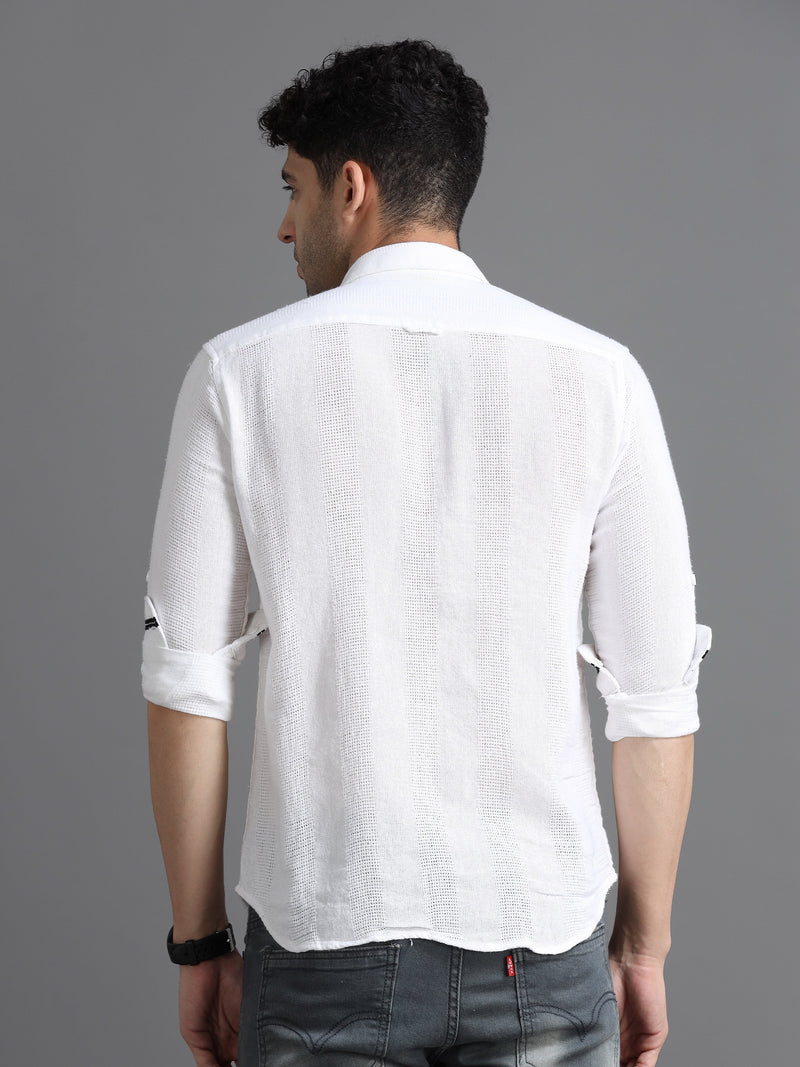 Men White Slim Fit Textured Full Sleeve Casual Shirt