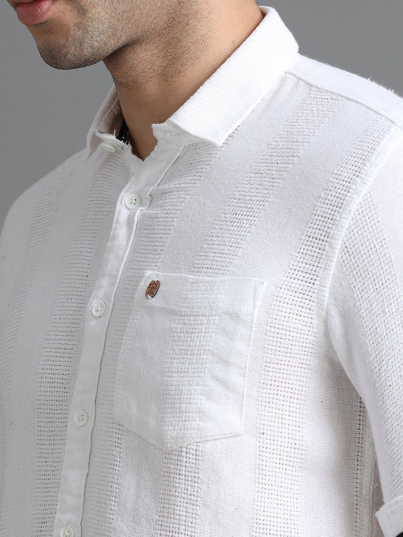 Men White Slim Fit Textured Full Sleeve Casual Shirt