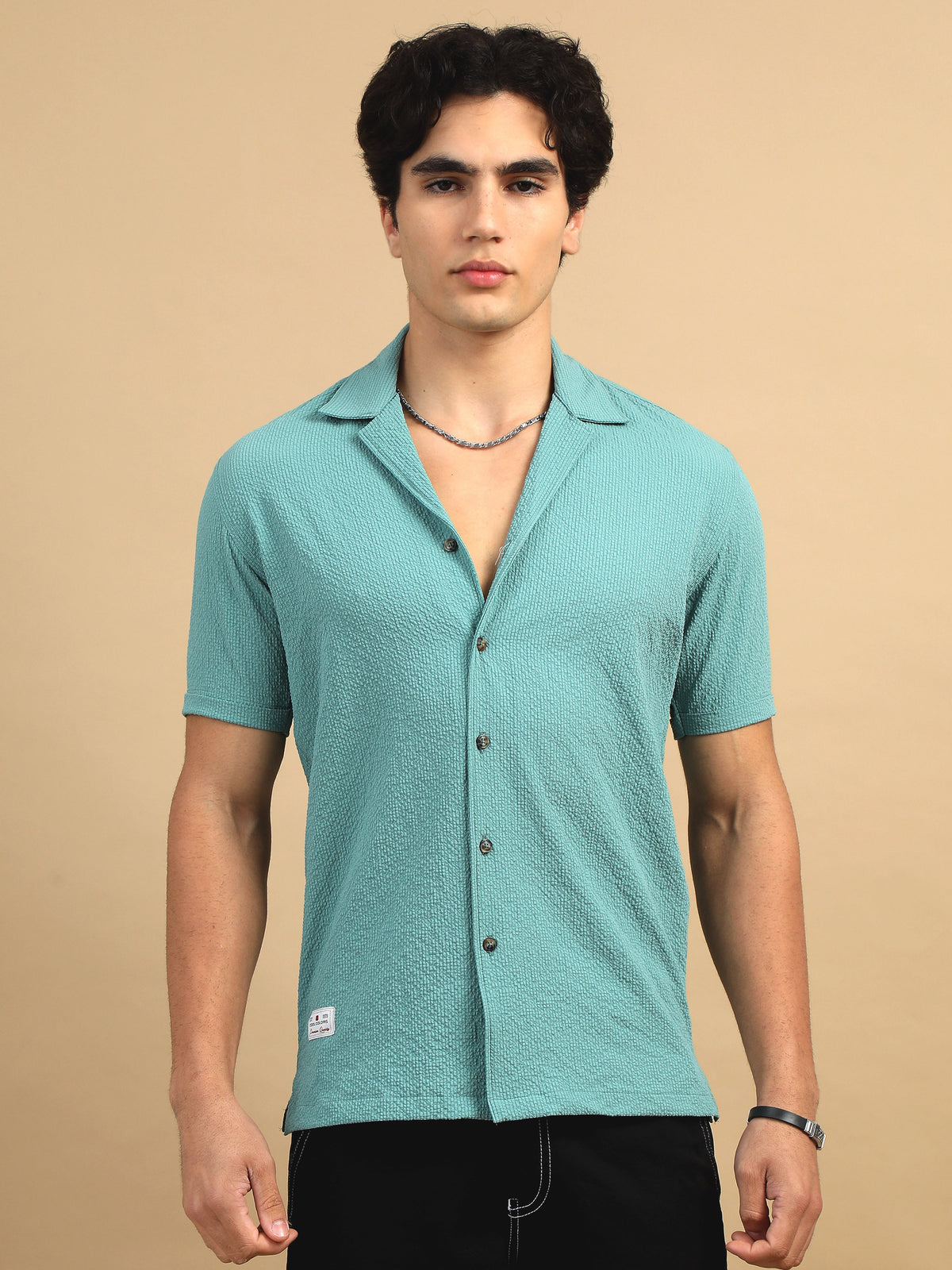 Men Blue Slim Fit Popcorn Half Sleeve Casual Shirt