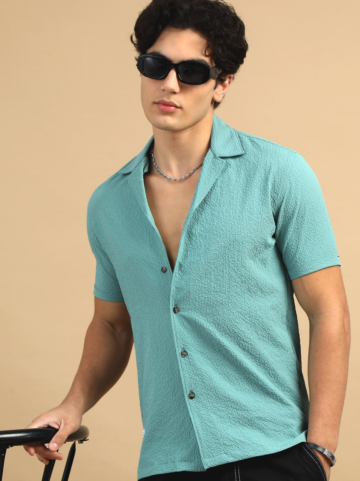 Men Blue Slim Fit Popcorn Half Sleeve Casual Shirt