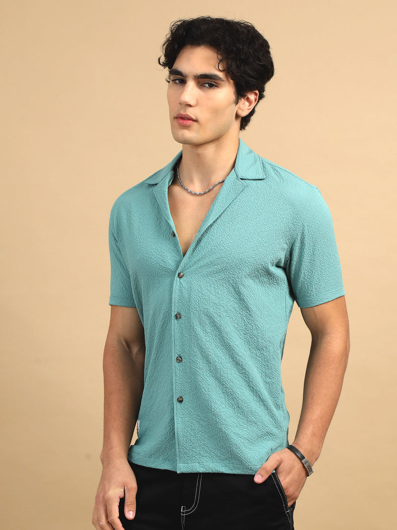 Men Blue Slim Fit Popcorn Half Sleeve Casual Shirt