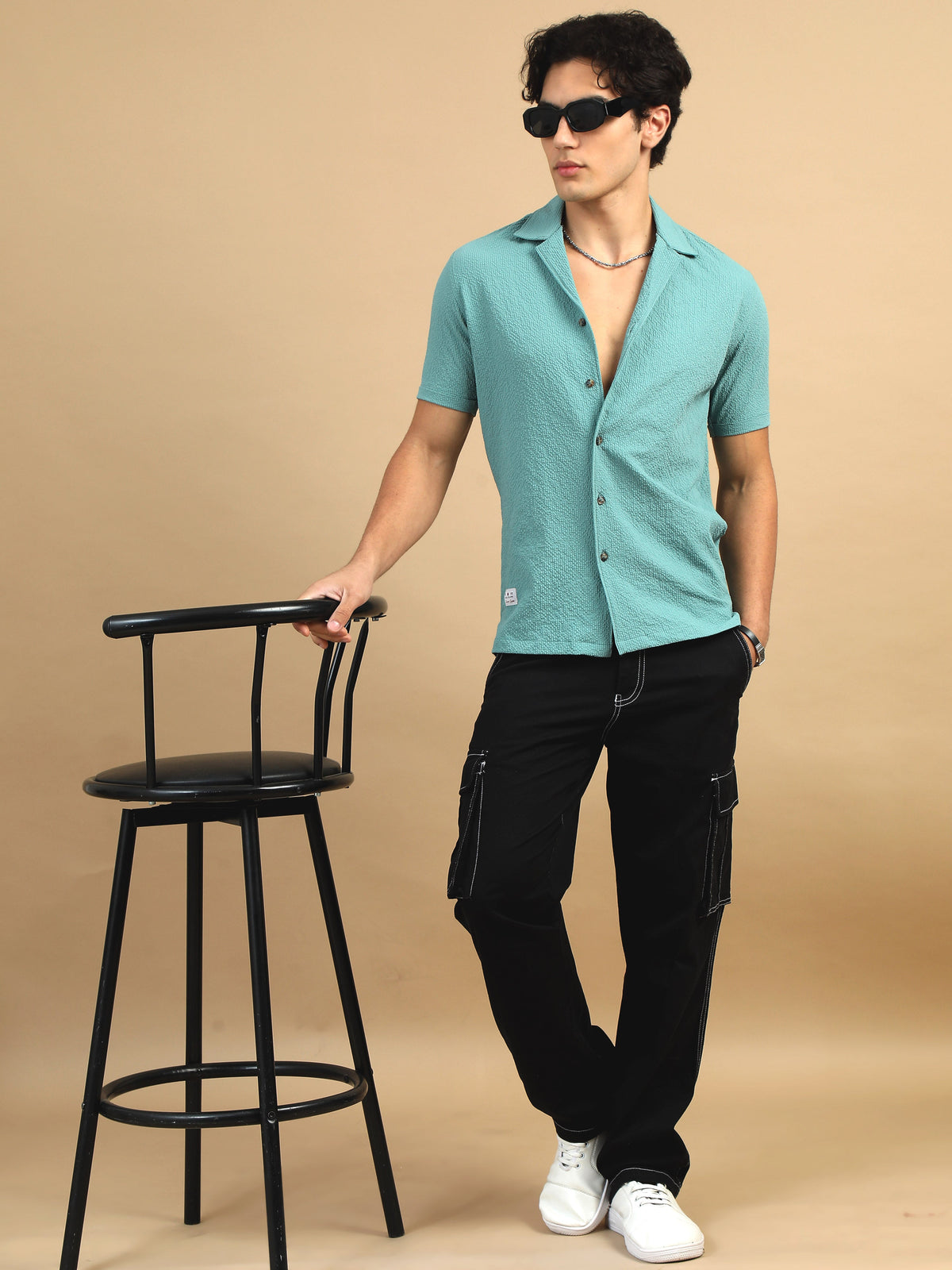 Men Blue Slim Fit Popcorn Half Sleeve Casual Shirt