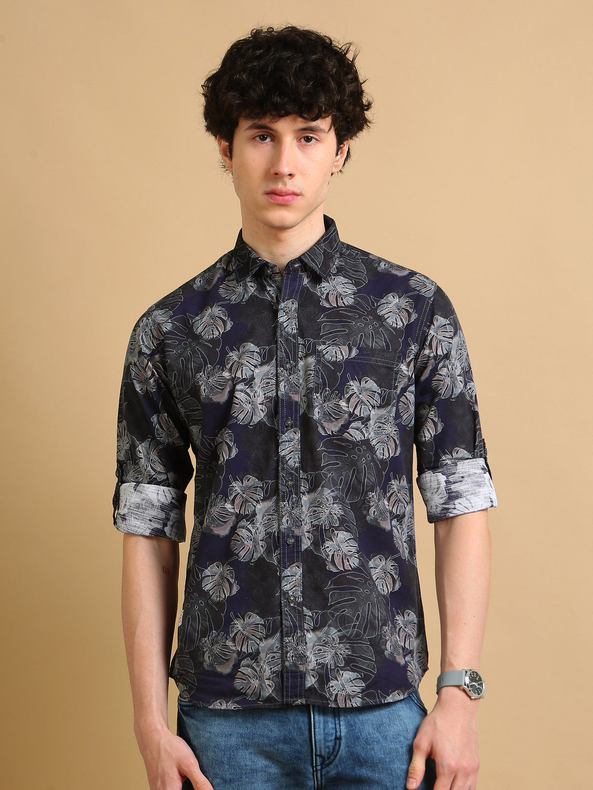 Men Navy Slim Fit Printed Full Sleeve Casual Shirt