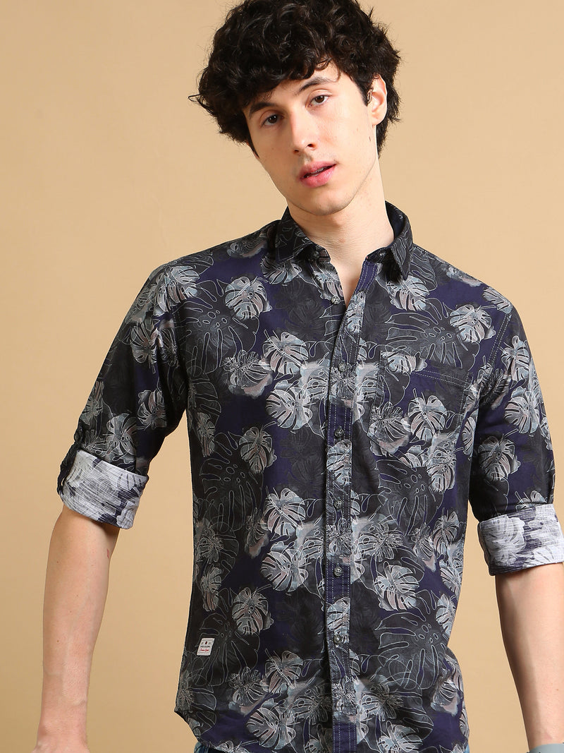 Men Navy Slim Fit Printed Full Sleeve Casual Shirt