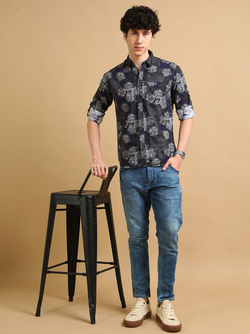 Men Navy Slim Fit Printed Full Sleeve Casual Shirt