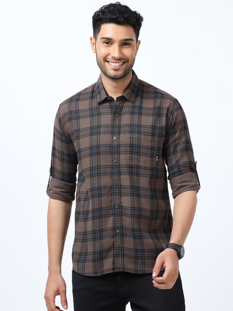 Men Brown Slim Fit Checks Full Sleeve Casual Shirt