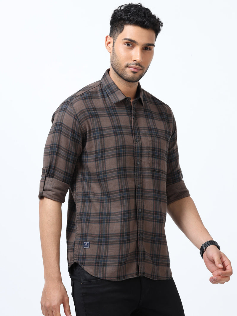 Men Brown Slim Fit Checks Full Sleeve Casual Shirt