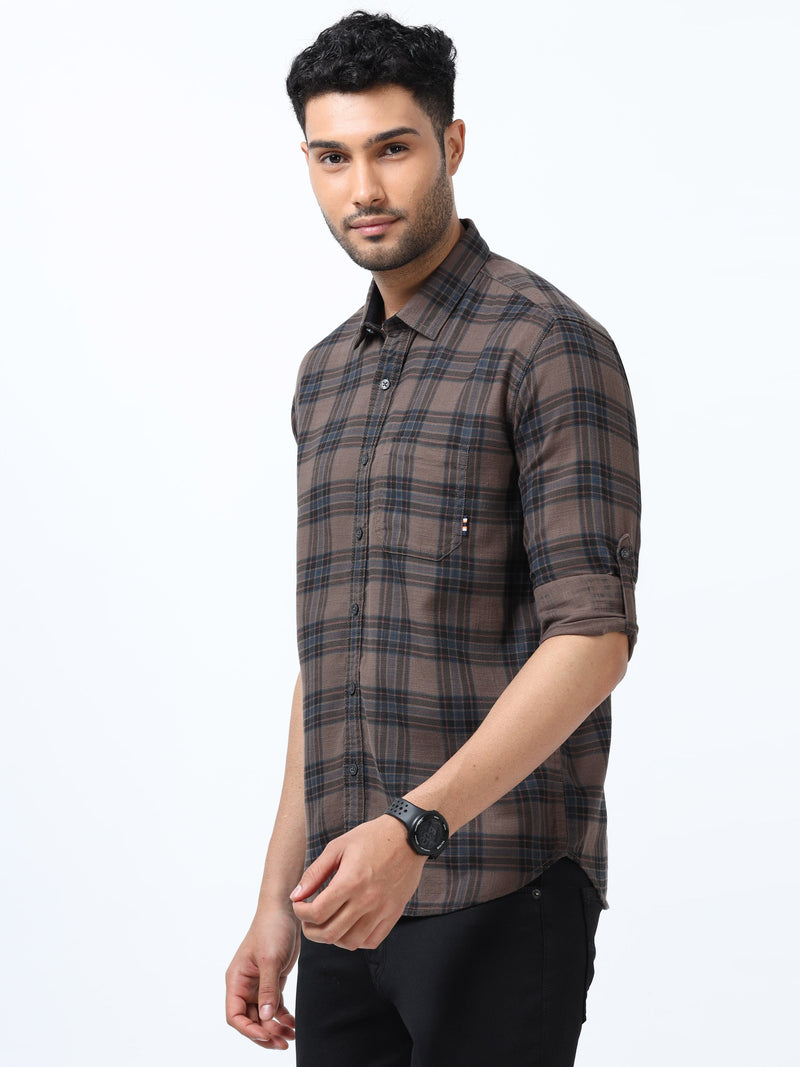 Men Brown Slim Fit Checks Full Sleeve Casual Shirt