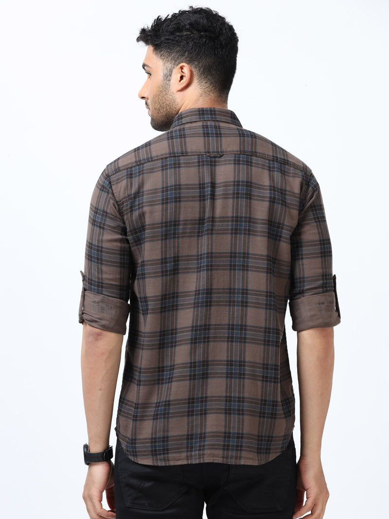 Men Brown Slim Fit Checks Full Sleeve Casual Shirt