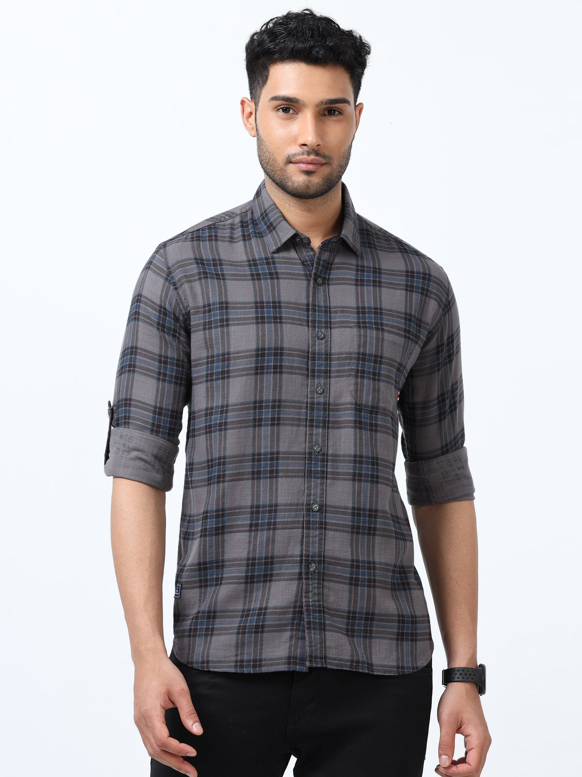 Men Navy Slim Fit Checks Full Sleeve Casual Shirt