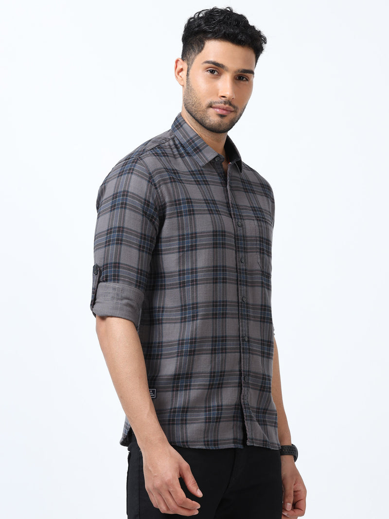 Men Navy Slim Fit Checks Full Sleeve Casual Shirt