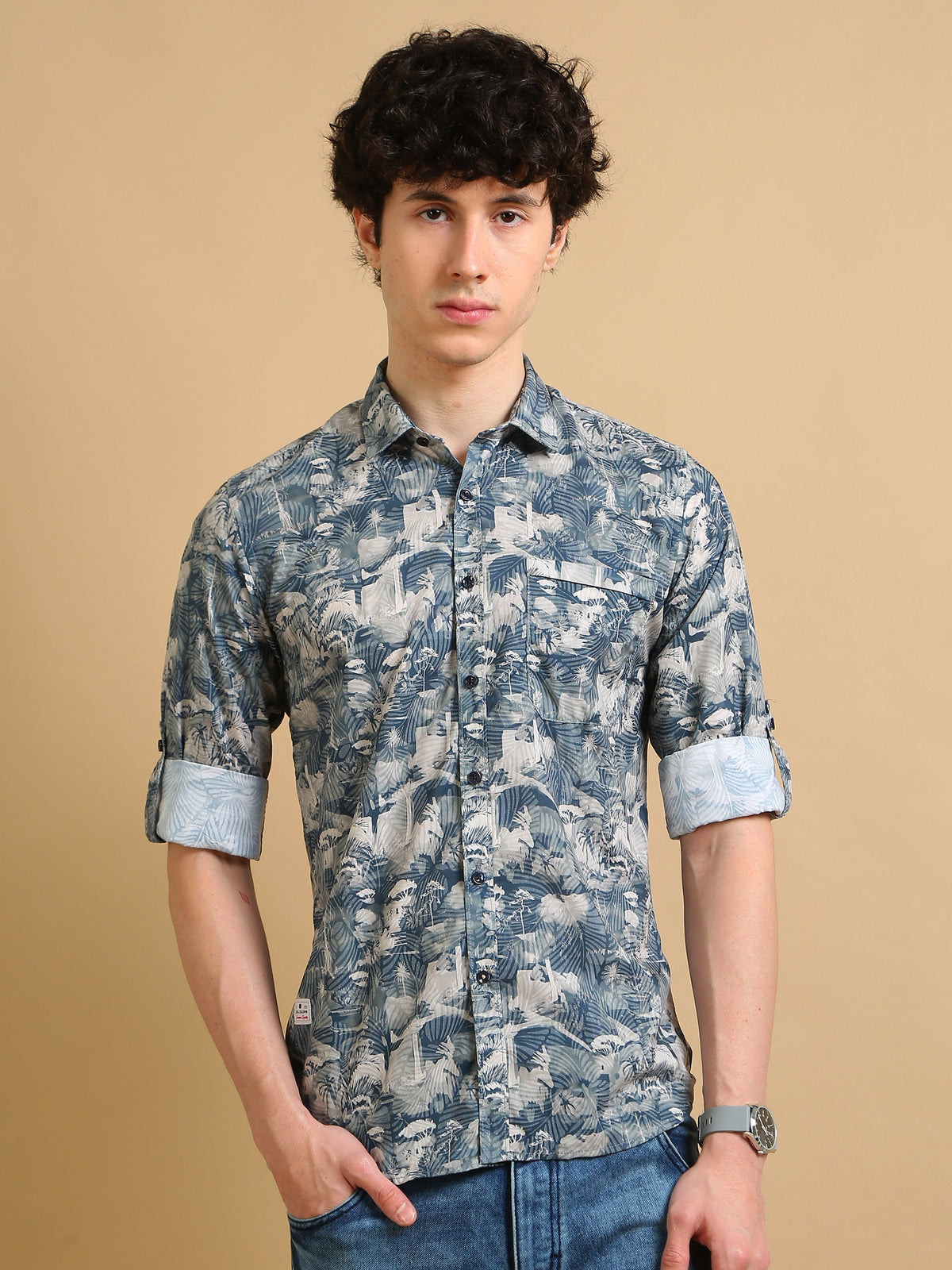 Men Blue Slim Fit Printed Full Sleeve Casual Shirt