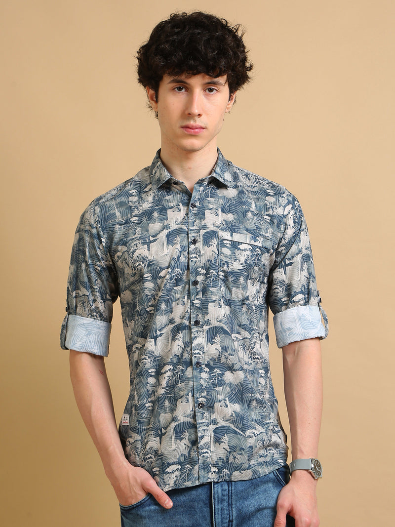 Men Blue Slim Fit Printed Full Sleeve Casual Shirt