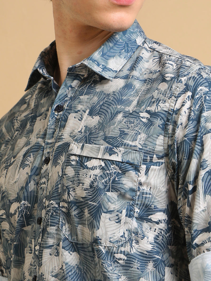 Men Blue Slim Fit Printed Full Sleeve Casual Shirt