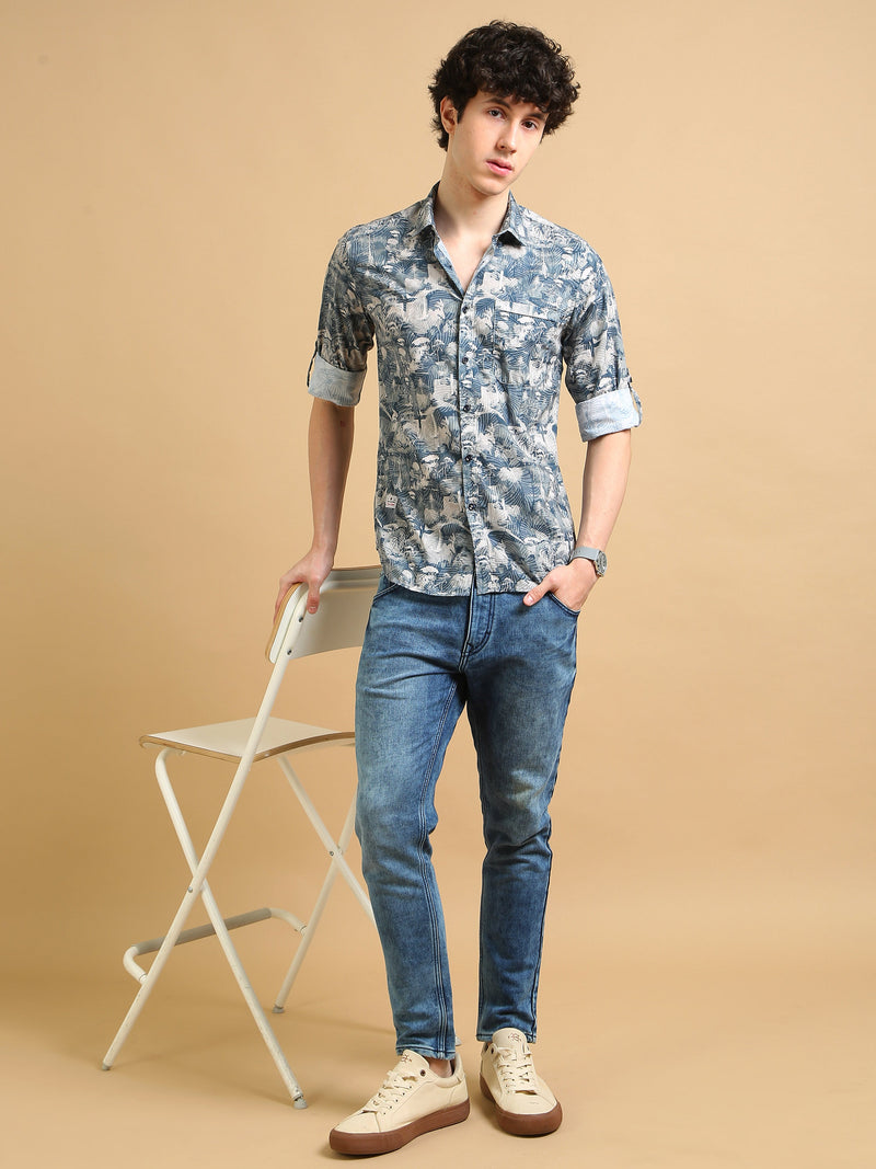 Men Blue Slim Fit Printed Full Sleeve Casual Shirt