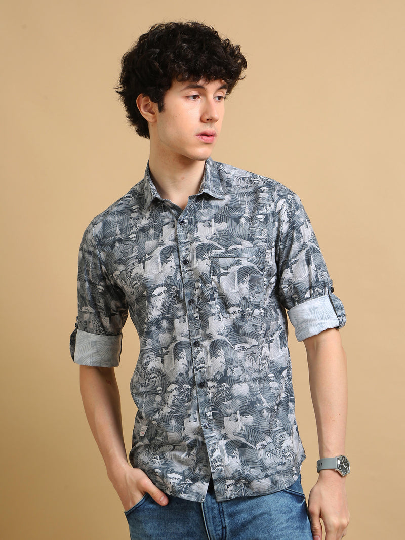 Men Grey Slim Fit Printed Full Sleeve Casual Shirt