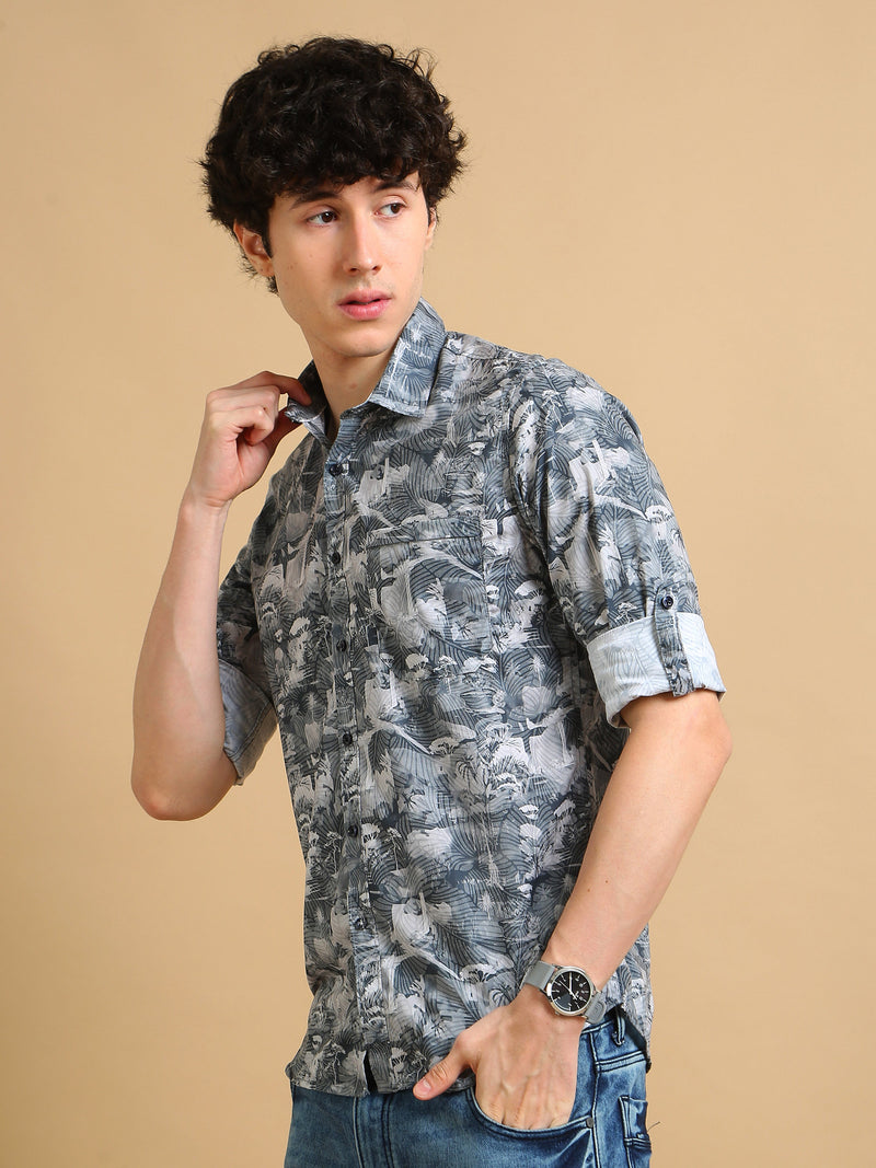 Men Grey Slim Fit Printed Full Sleeve Casual Shirt