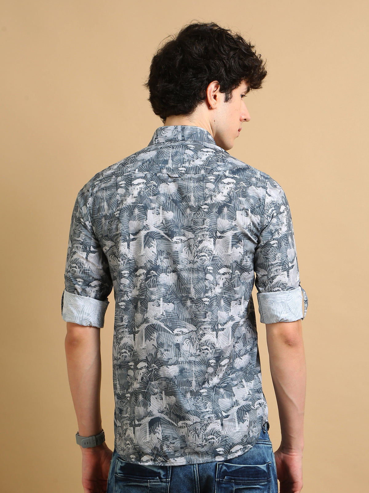 Men Grey Slim Fit Printed Full Sleeve Casual Shirt