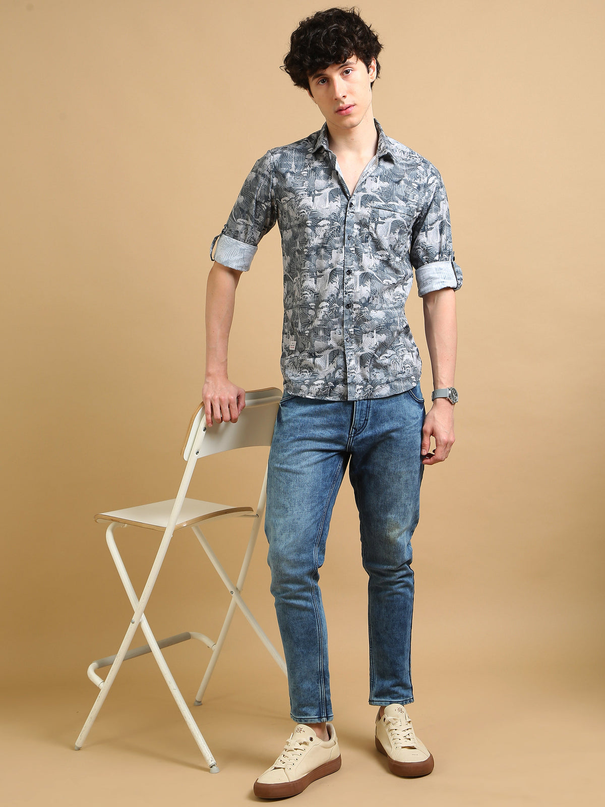 Men Grey Slim Fit Printed Full Sleeve Casual Shirt