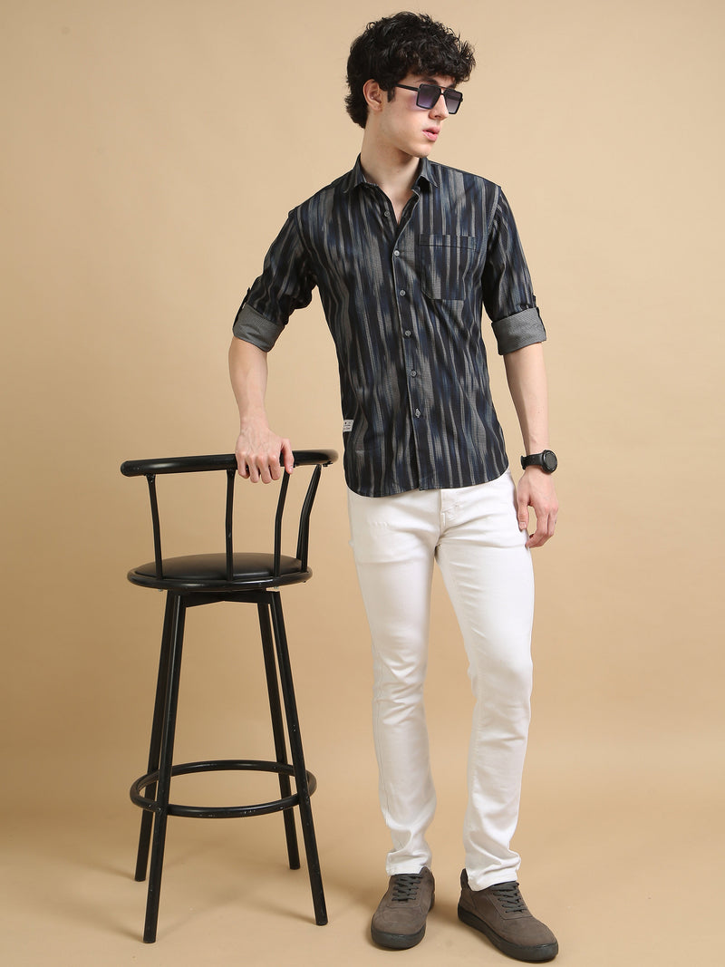 Men Navy  Slim Fit Printed Full Sleeve Casual Shirt