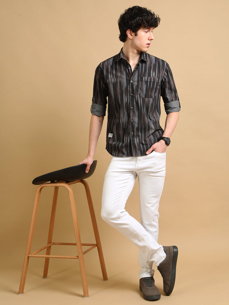 Men Brown Slim Fit Printed Full Sleeve Casual Shirt