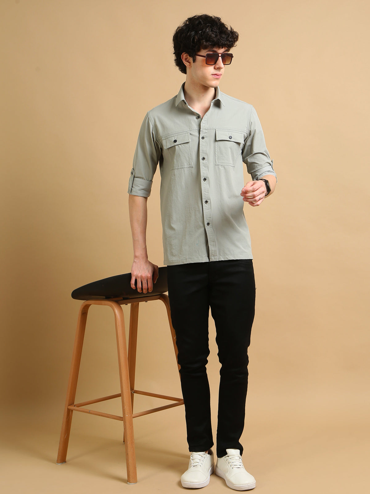 Men Lt.Grey  Slim Fit Solid Full Sleeve Lycra Casual Shirt