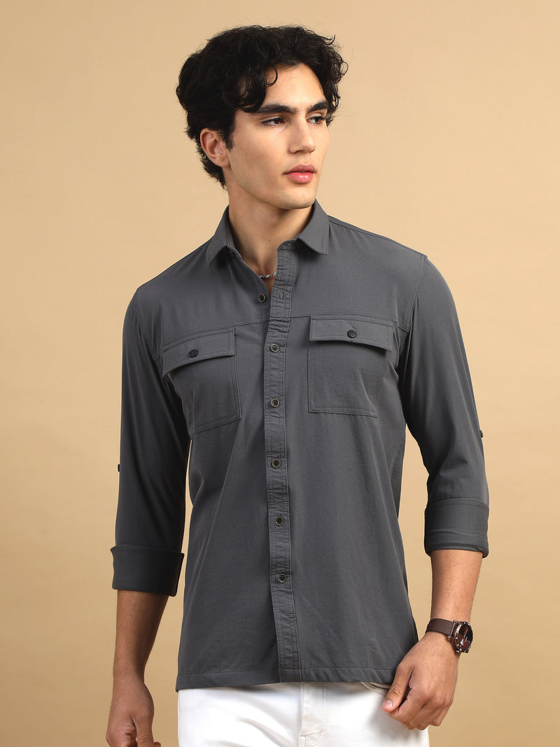 Men Dk.Grey Slim Fit Solid Full Sleeve Lycra Casual Shirt