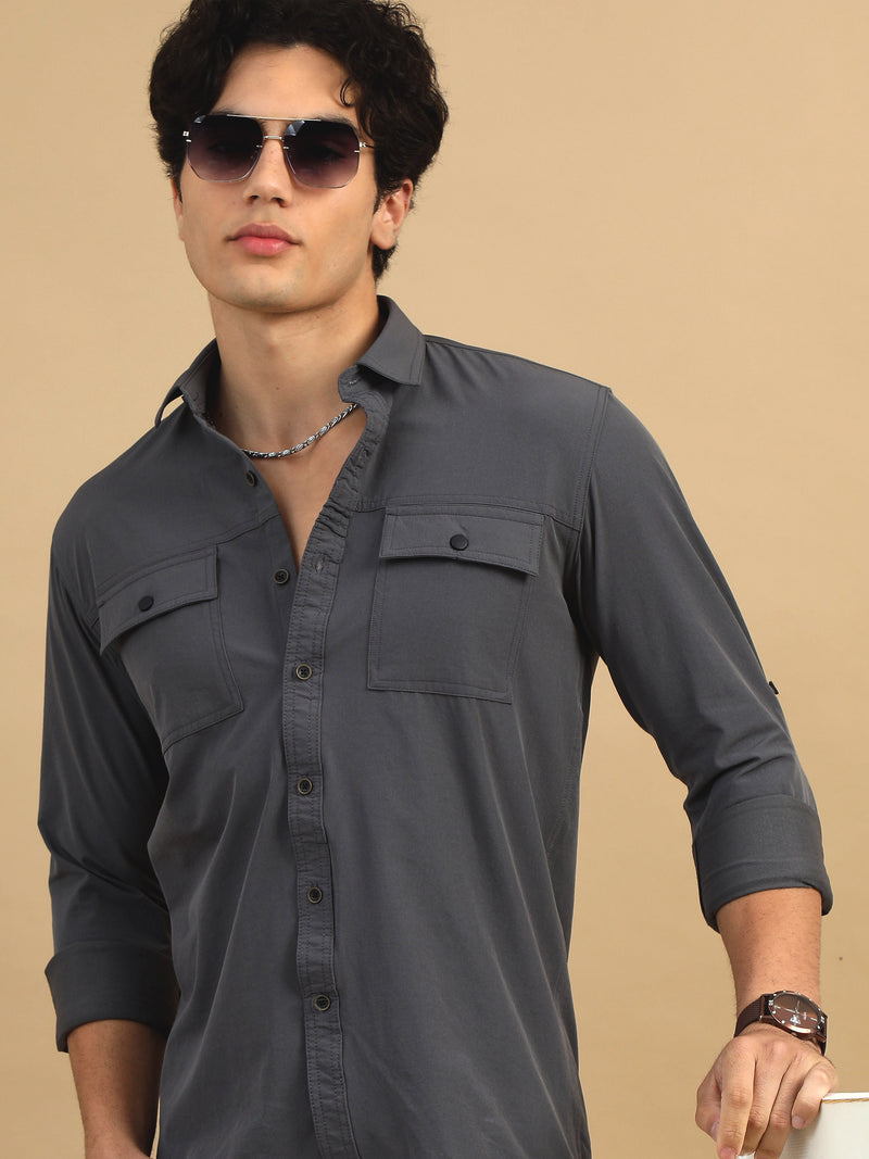 Men Dk.Grey Slim Fit Solid Full Sleeve Lycra Casual Shirt