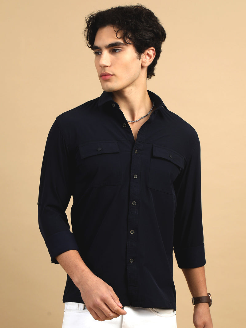 Men Navy Slim Fit Solid Full Sleeve Lycra Casual Shirt