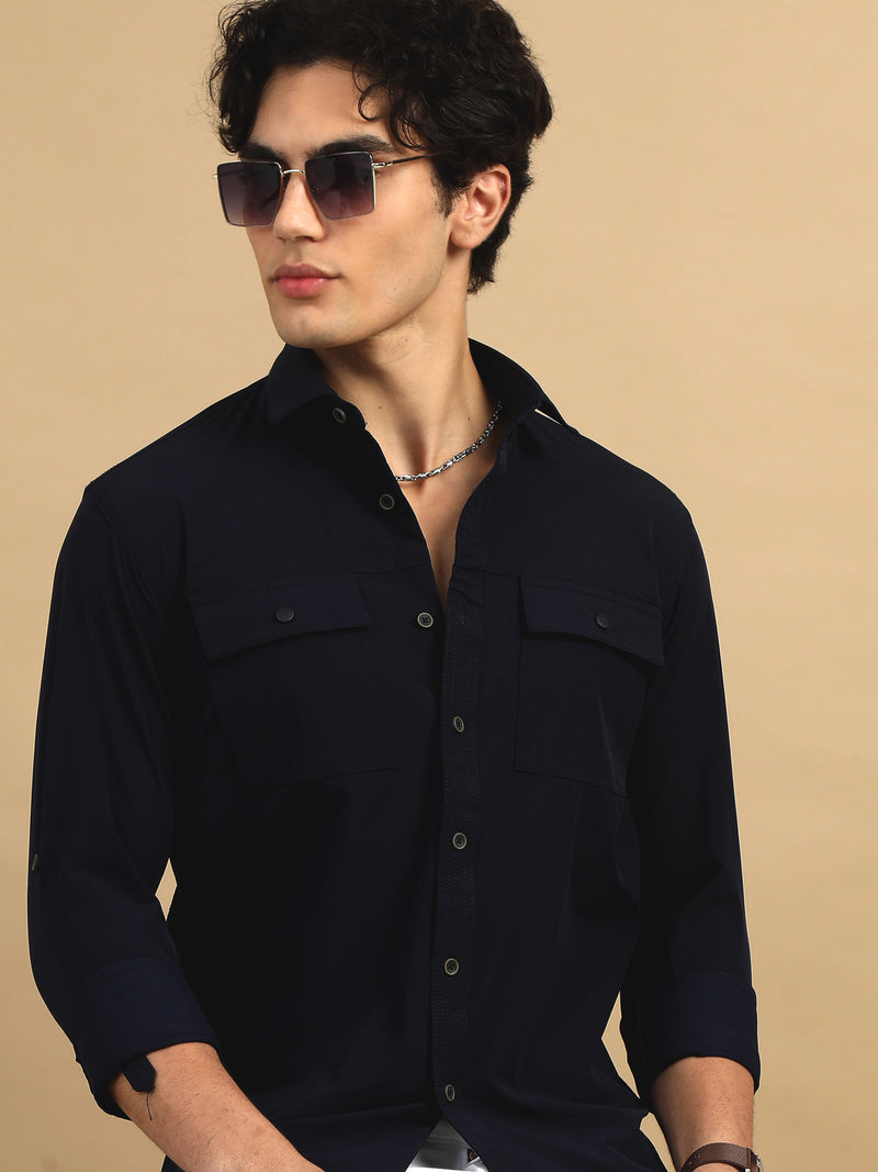 Men Navy Slim Fit Solid Full Sleeve Lycra Casual Shirt