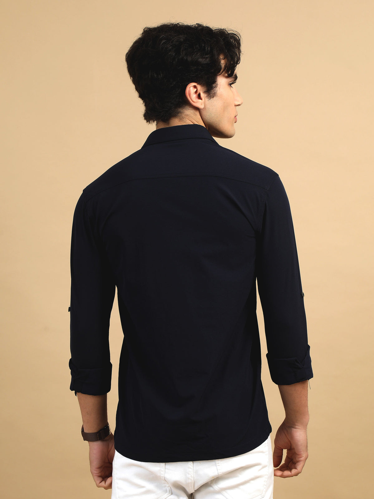 Men Navy Slim Fit Solid Full Sleeve Lycra Casual Shirt