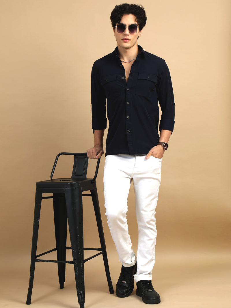 Men Navy Slim Fit Solid Full Sleeve Lycra Casual Shirt