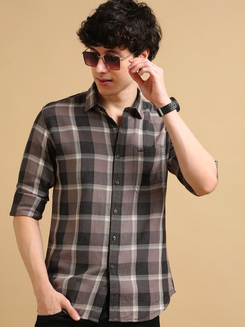 Men Grey Slim Fit Checks Full Sleeve Casual Shirt