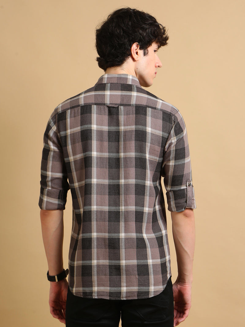 Men Grey Slim Fit Checks Full Sleeve Casual Shirt