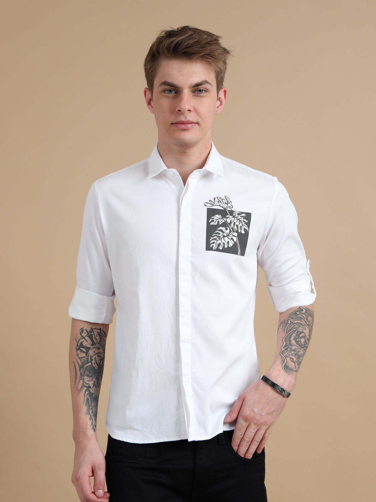 Men White Slim Fit Solid Chest Print Full Sleeve Casual Shirt