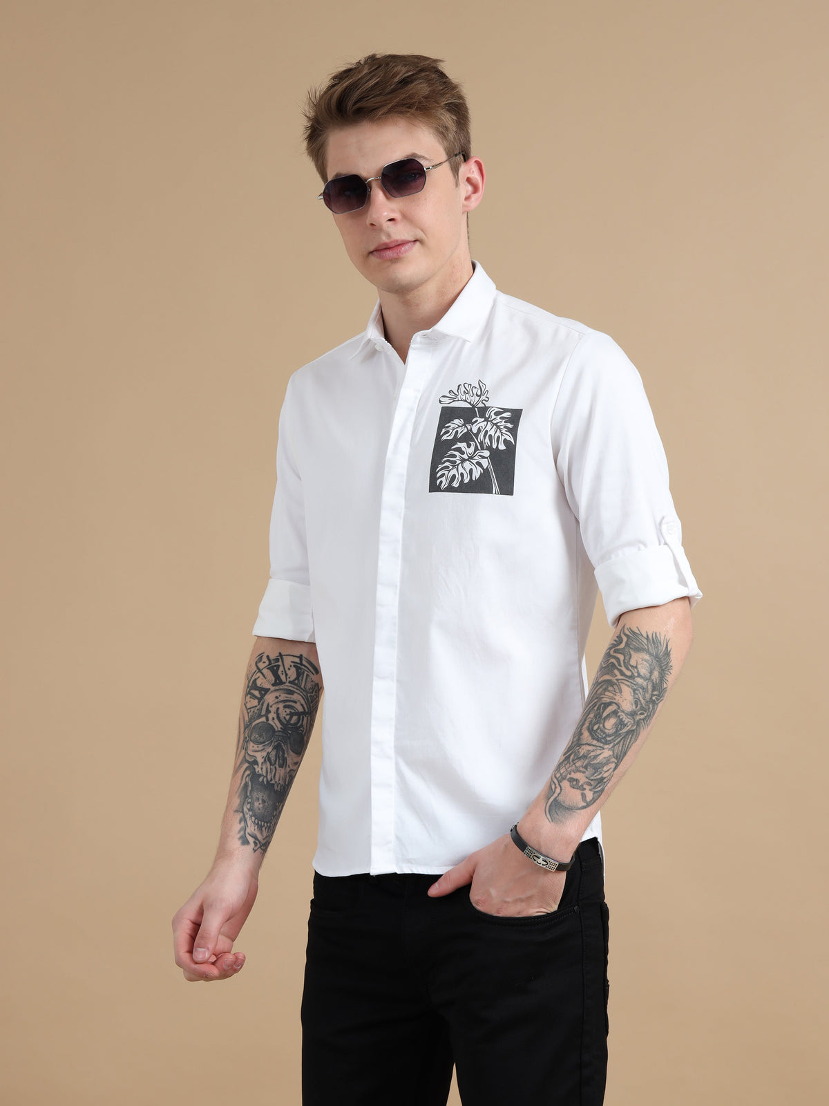 Men White Slim Fit Solid Chest Print Full Sleeve Casual Shirt