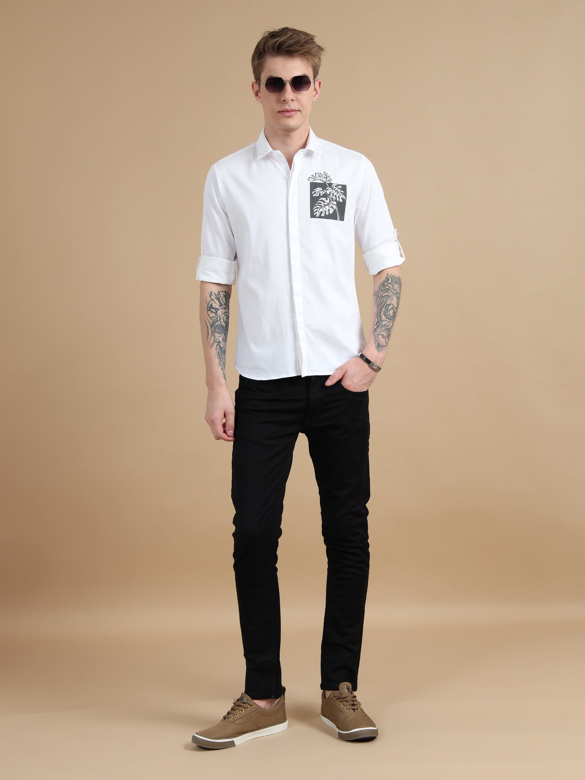 Men White Slim Fit Solid Chest Print Full Sleeve Casual Shirt