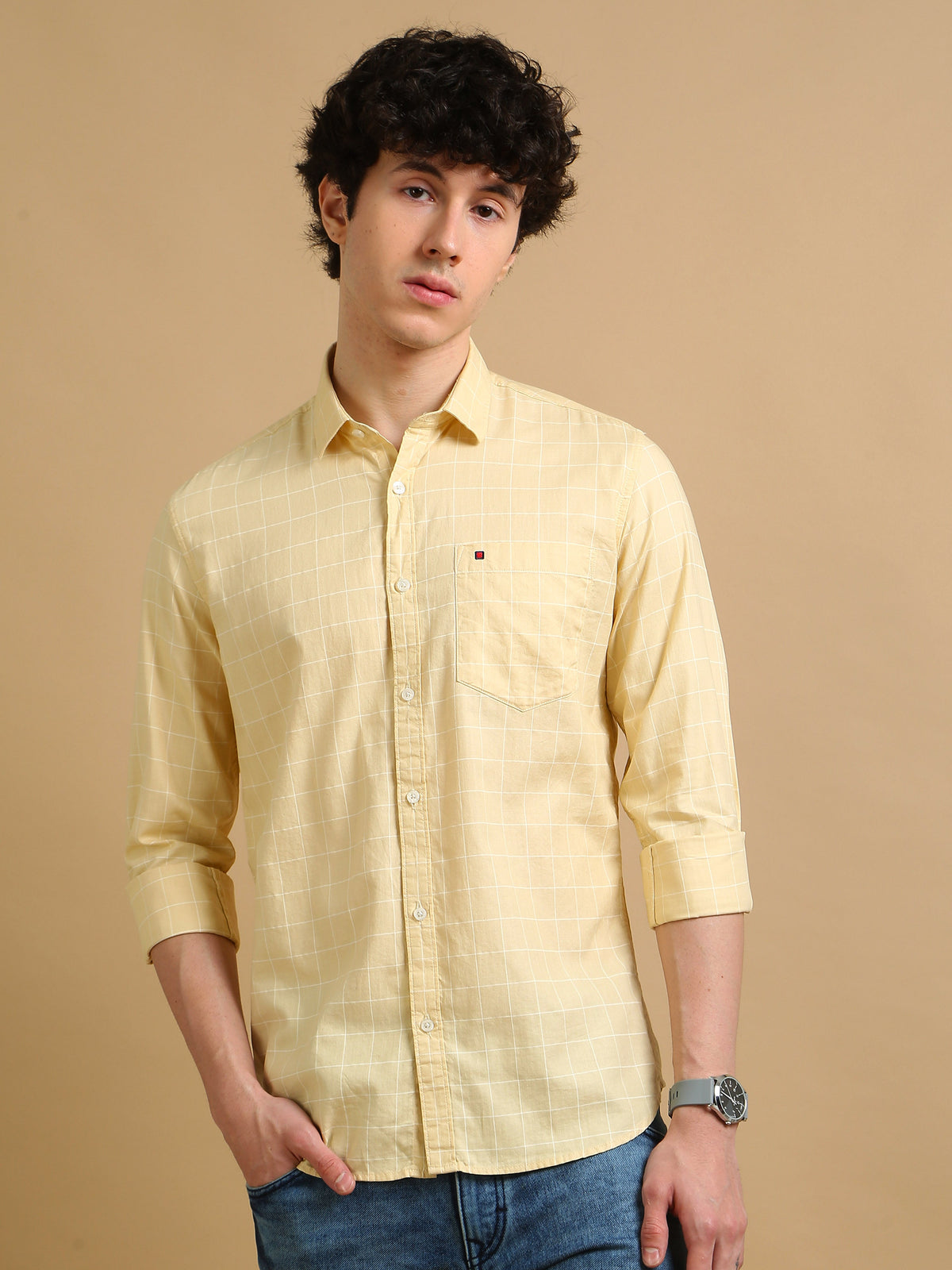 Men Yellow Slim Fit Checks Full Sleeve Casual Shirt