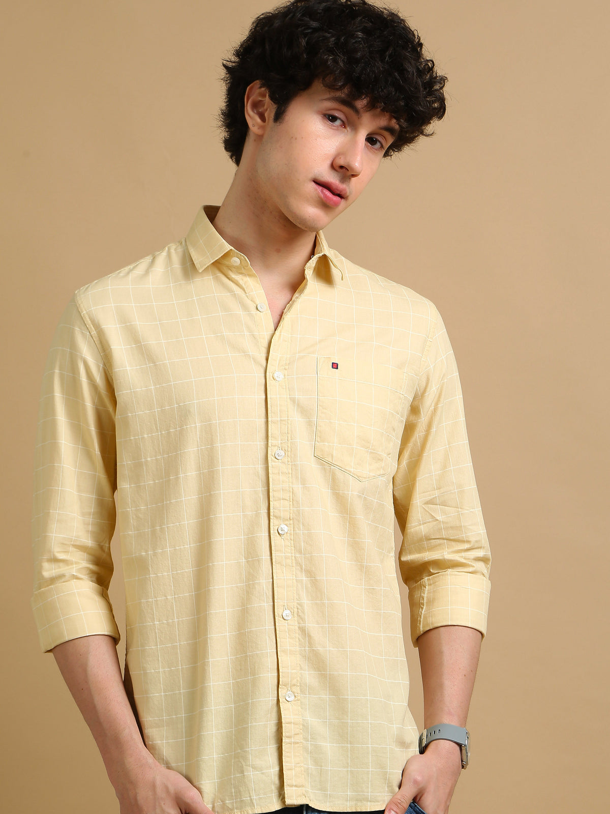 Men Yellow Slim Fit Checks Full Sleeve Casual Shirt