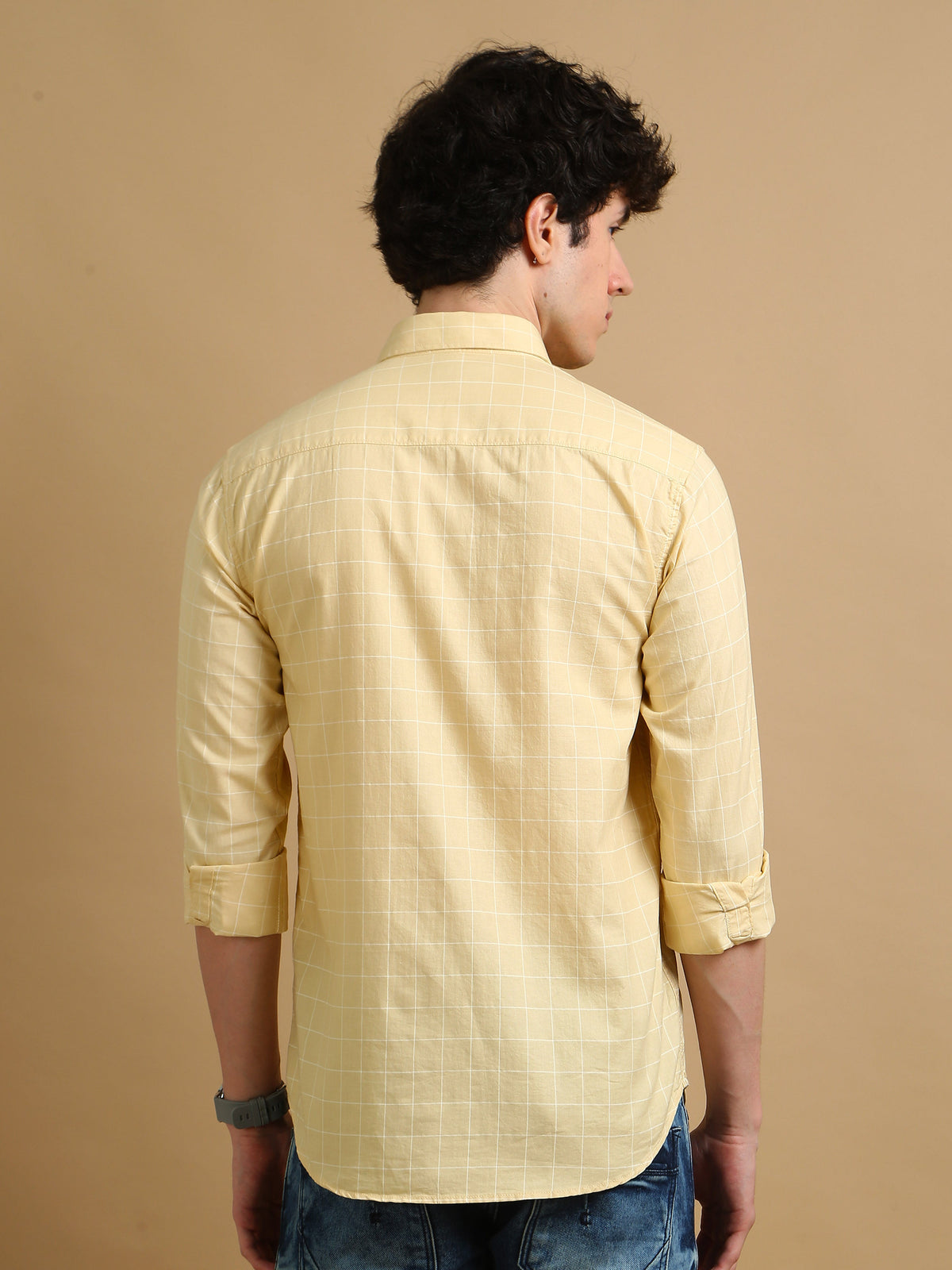 Men Yellow Slim Fit Checks Full Sleeve Casual Shirt