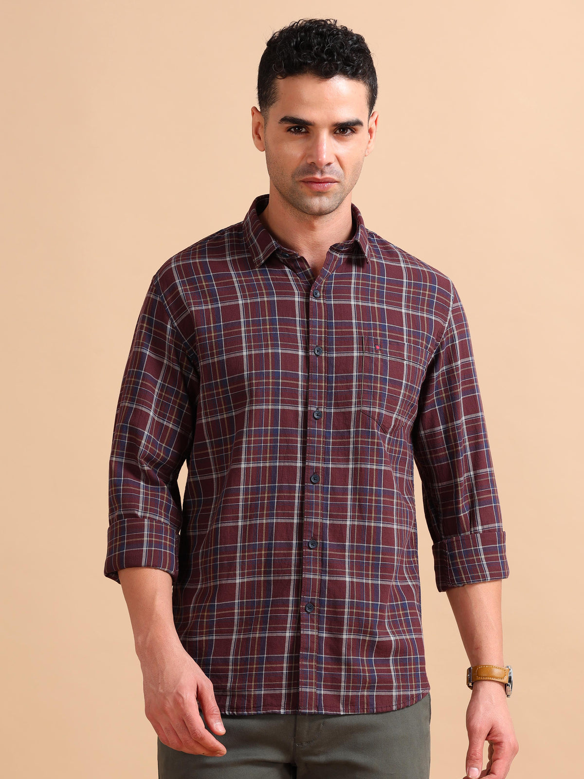 Men Brown Slim Fit Checks Full Sleeve Casual Shirt