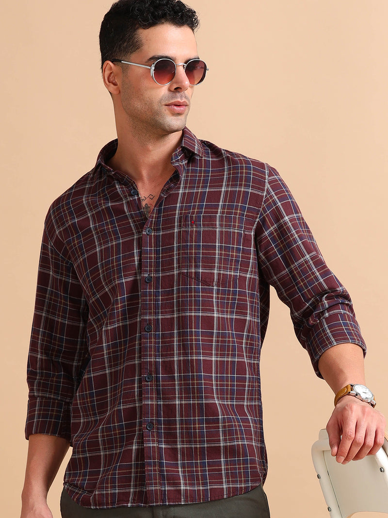 Men Brown Slim Fit Checks Full Sleeve Casual Shirt