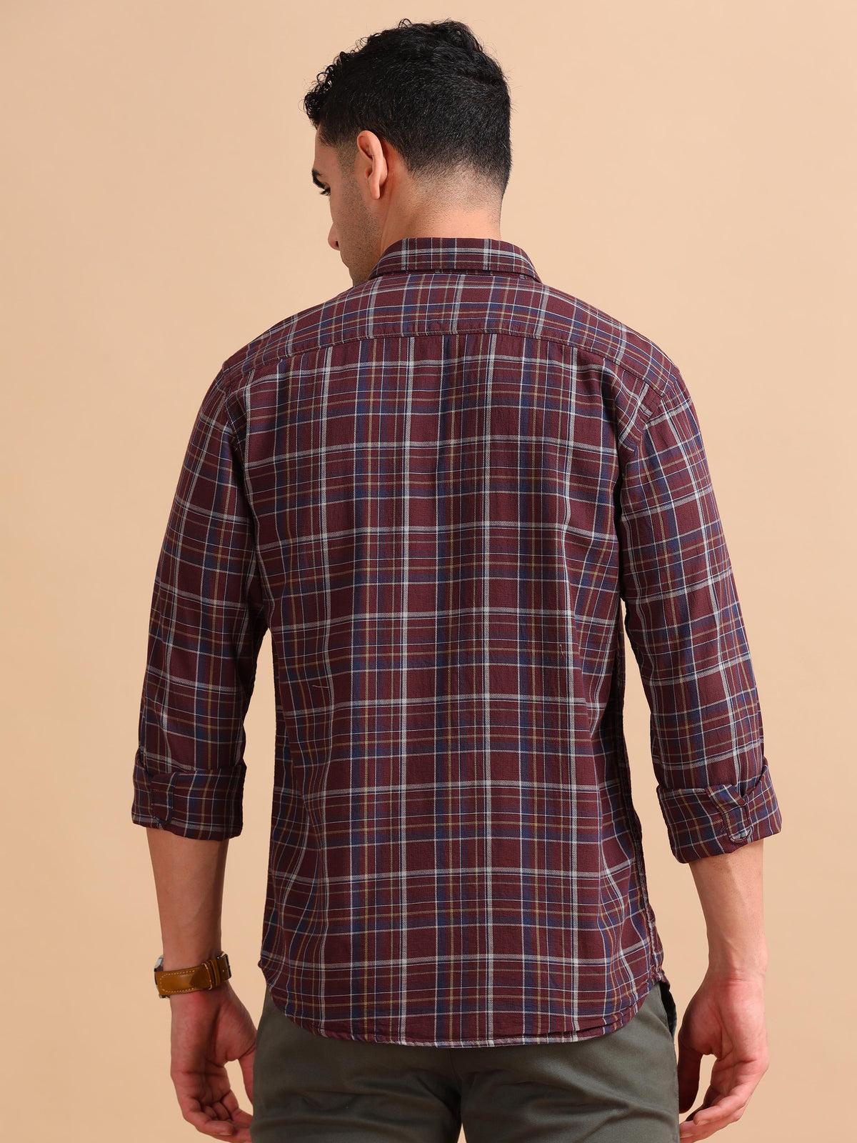 Men Brown Slim Fit Checks Full Sleeve Casual Shirt