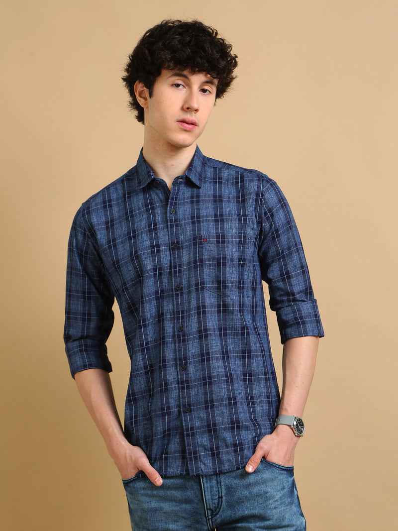 Men Blue Regular Fit Checks Full Sleeve Casual Shirt