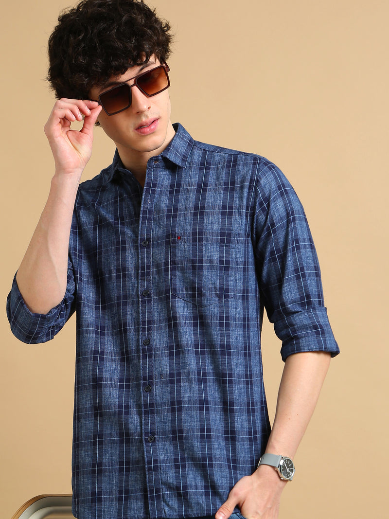 Men Blue Regular Fit Checks Full Sleeve Casual Shirt